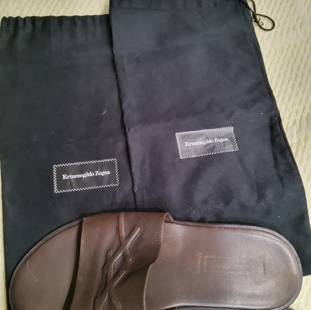 Ermenegildo Zegna Brown Leather Slides Size 10 with Dust Bags